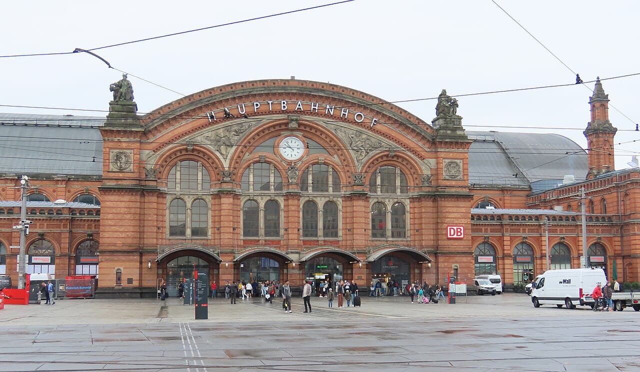 The red brick facade of Bremen Central Station.